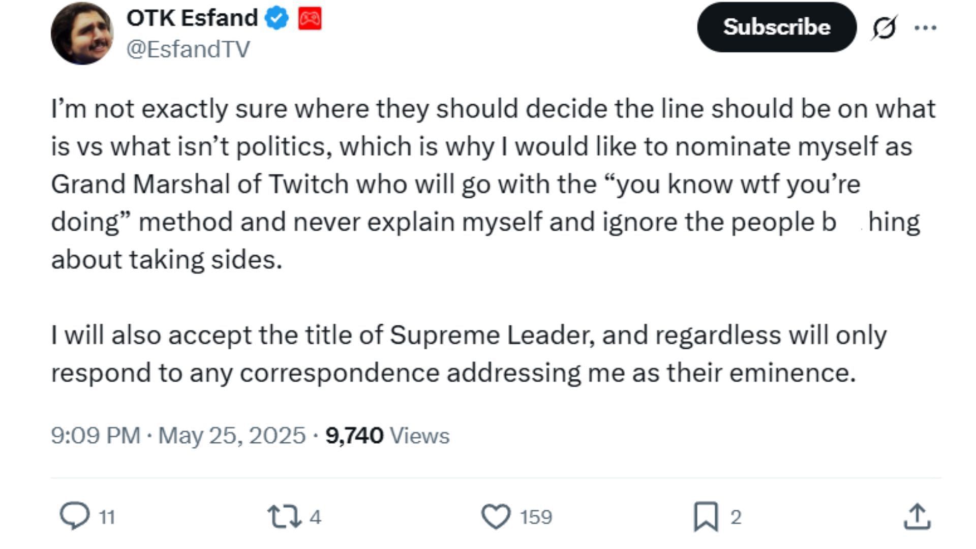 Esfand jokes while talking about political content on Twitch (Image via @EsfandTV)